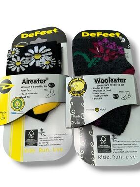 DEFEET NWT Women's Floral Wool Blend Socks - Black & Yellow TWO PAIR SPORTY GIFT